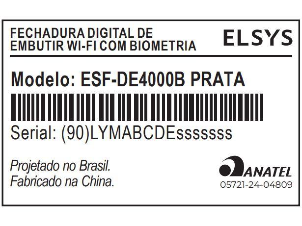 Fechadura Digital Elsys ESF-DE4000B Biométrica Interna Embutir Wi-Fi - 6