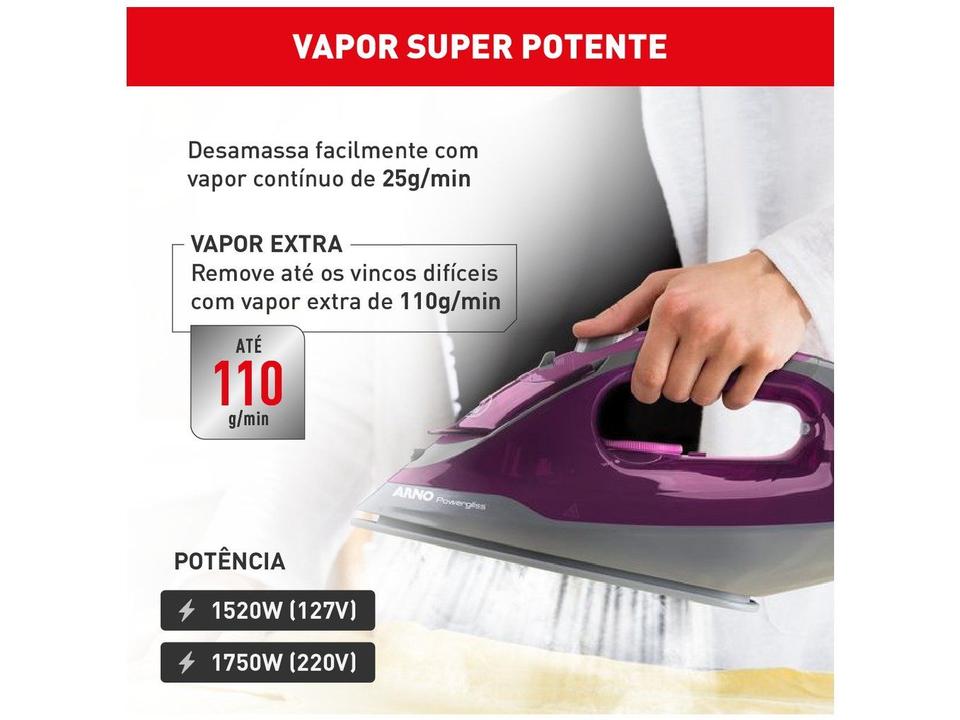 Ferro de Passar Roupa a Vapor e a Seco Arno Powergliss com Base Cerâmica XGlide FPO1 Cinza e Roxo - 2