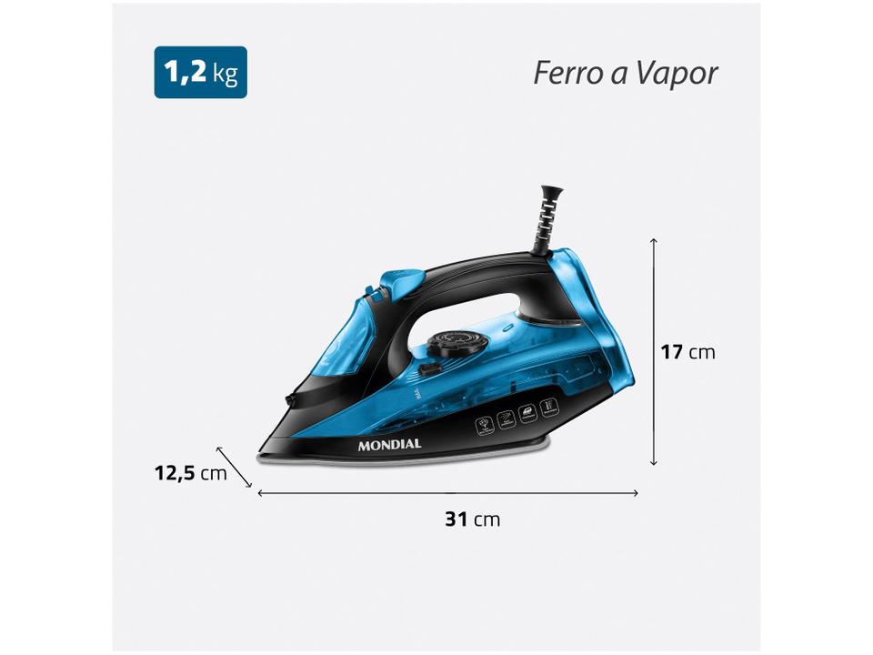 Ferro de Passar Roupa a Vapor Mondial F-53 Preto e Azul - 9