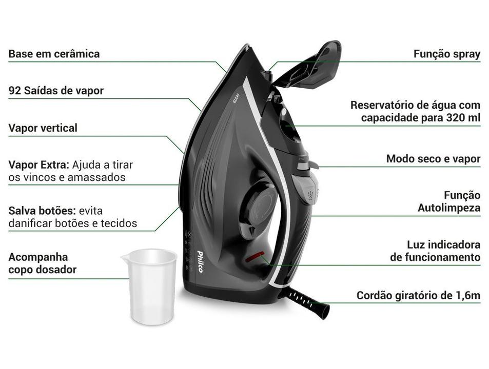 Ferro de Passar Roupa a Vapor Philco PFV70 Preto - 1