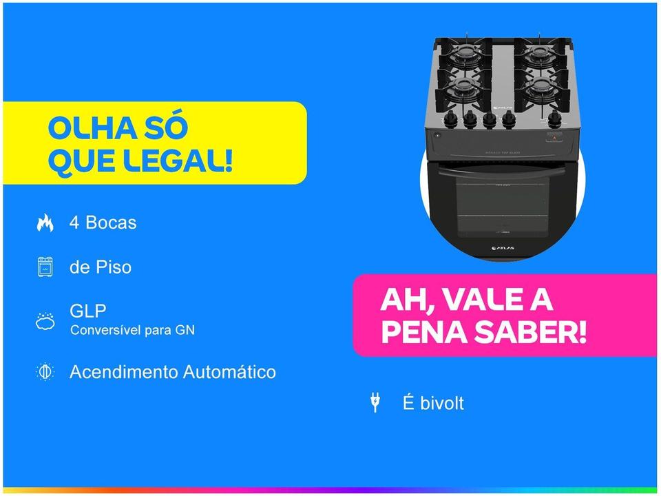 Fogão 4 Bocas Atlas Preto Mesa de Vidro Mônaco Top Glass - 1