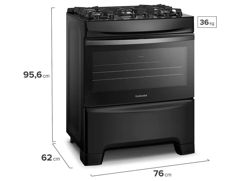 Fogão 5 Bocas Continental Inox Mesa de Vidro Preto Tripla Chama FC5GB - 10