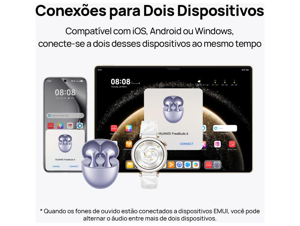 Fone de Ouvido Bluetooth Huawei FreeBuds 6 com Microfone com Cancelamento de Ruído Intra-auricular True Wireless Roxo - 6