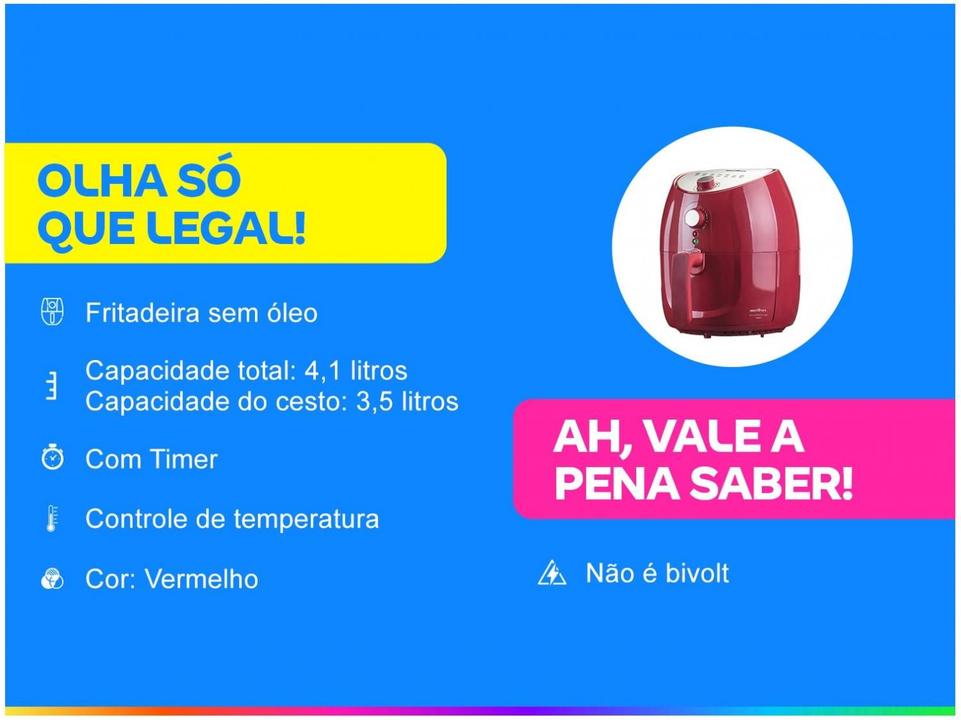 Fritadeira Elétrica sem Óleo/Air Fryer Britânia BFR10VI Vermelha 4,1L com Timer - 1