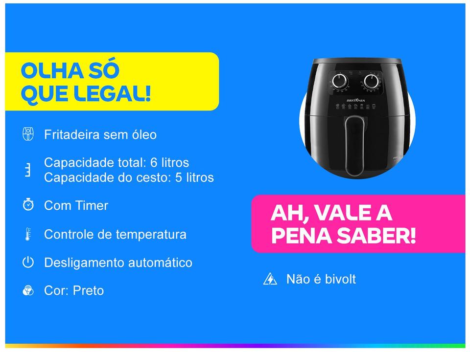 Fritadeira Elétrica sem Óleo/Air Fryer Britânia BFR15P Preta 6L com Timer - 1