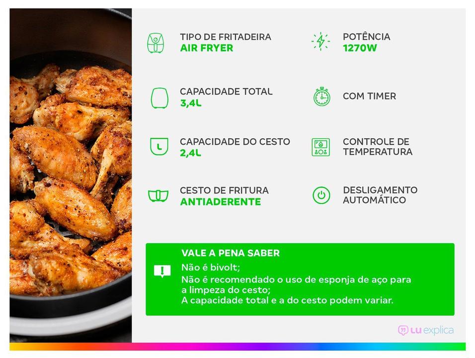 Fritadeira Elétrica sem Óleo/Air Fryer Nell Smart Preta 2,4L com Timer - 3