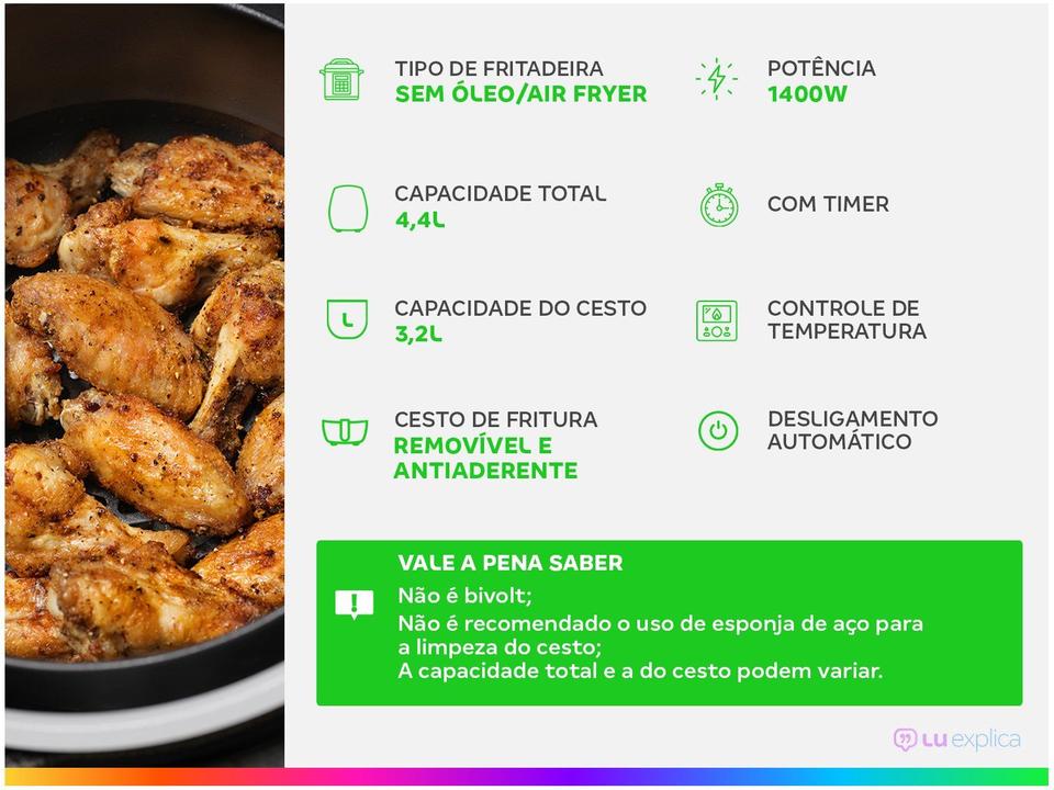 Fritadeira Elétrica Sem Óleo/Air Fryer Philco Air Fry Saúde Preta 4,4L com Timer - 1