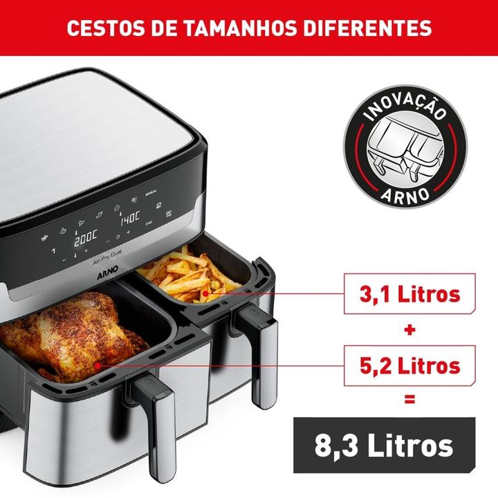 Fritadeira sem Óleo Airfryer Arno Dual 8,3L Preto e Inox Digital 1800W AFD2 - 2