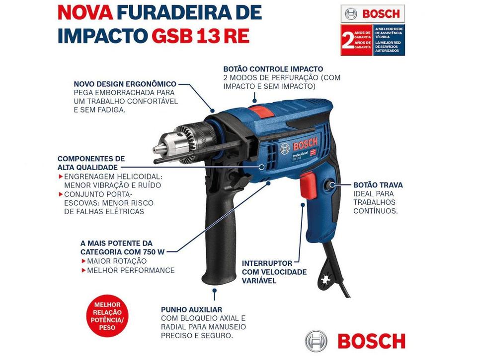 Furadeira de Impacto Bosch 750W 4 Peças GSB 13 RE Profissional - 18