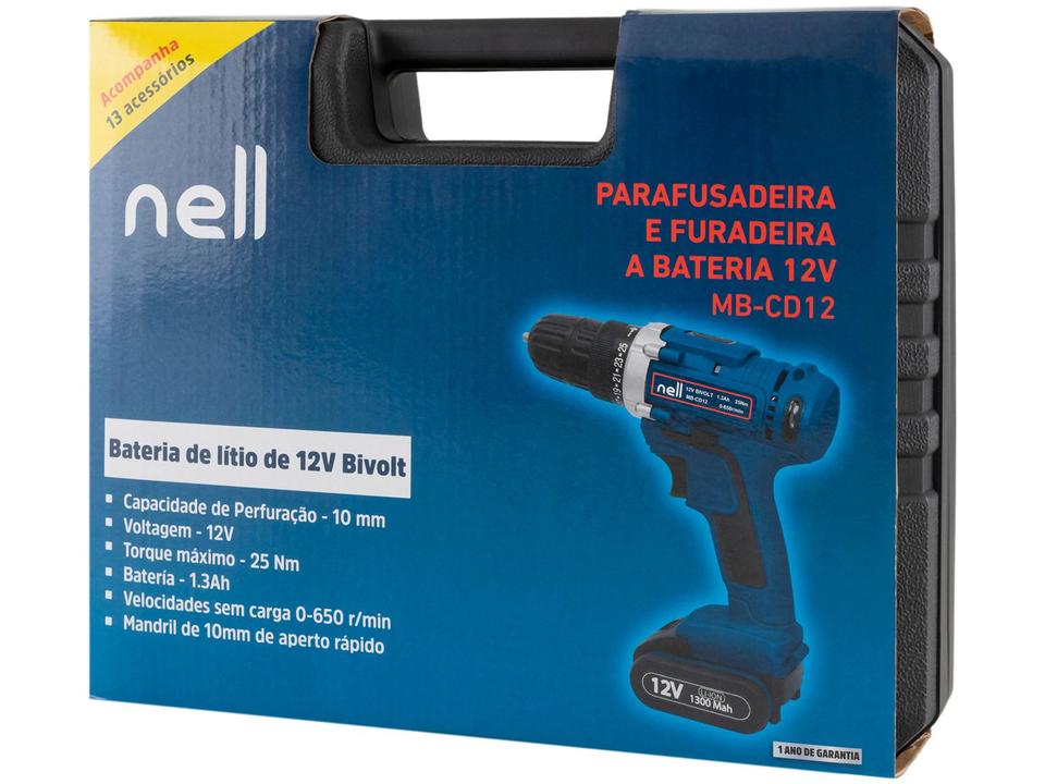 Furadeira e Parafusadeira a Bateria 12V 3/8" com Maleta + 13 Peças Nell - 13