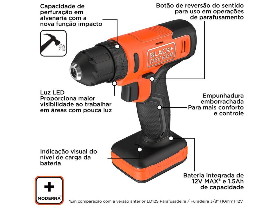 Furadeira e Parafusadeira de Impacto Black+Decker a Bateria 32 Peças BCD712VHDK-BR - 1