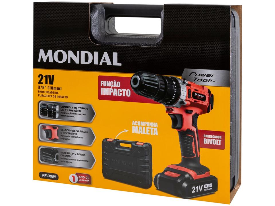 Furadeira e Parafusadeira de Impacto Mondial a Bateria 21V com Maleta Power Tools PF-09M - 13
