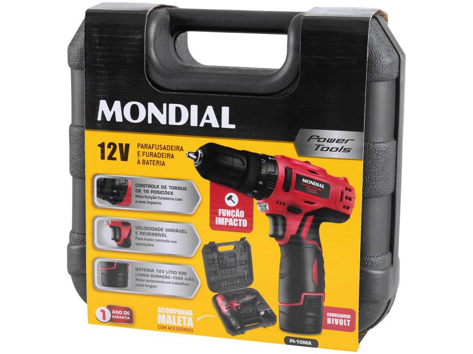 Furadeira e Parafusadeira de Impacto Mondial a Bateria com Maleta 15 peças PI-10MA - 14
