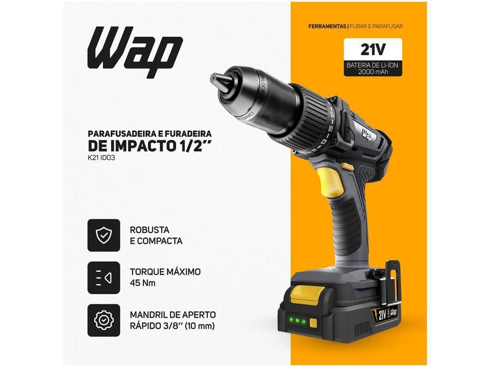 Furadeira e Parafusadeira de Impacto WAP a Bateria 2000 mAh com Maleta K21 ID03 - 13