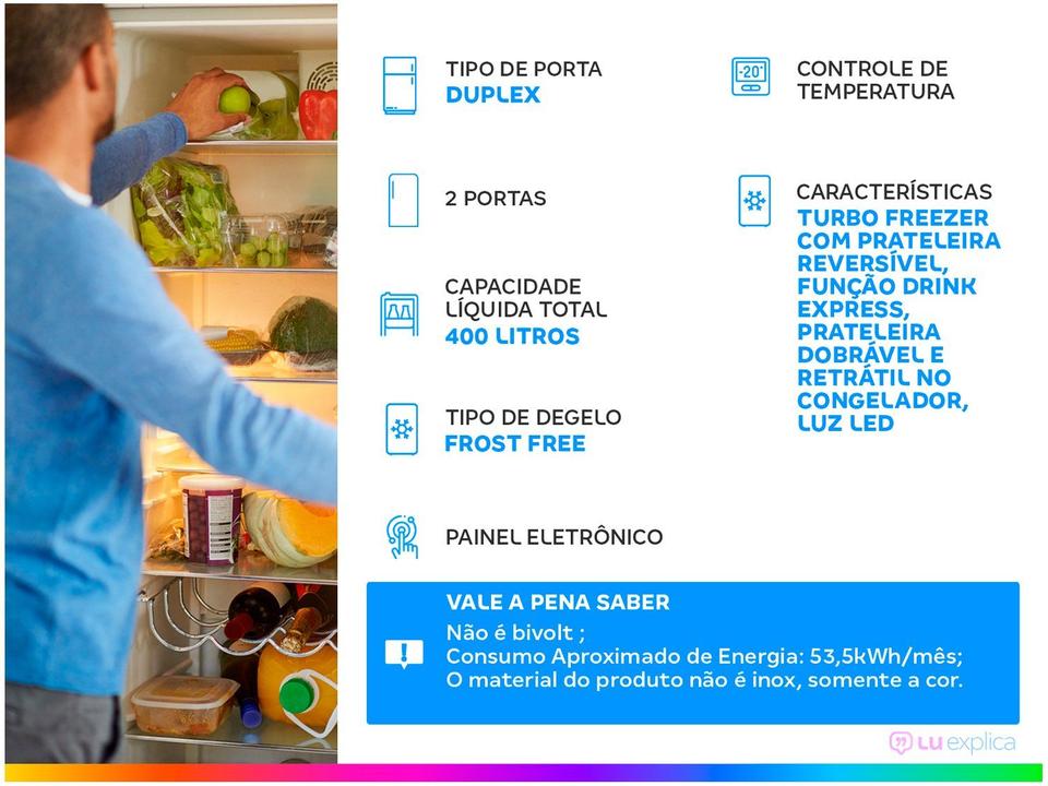 Geladeira/Refrigerador Electrolux Frost Free 400L Turbo Congelamento Duplex Cor Inox DFX44 - 1