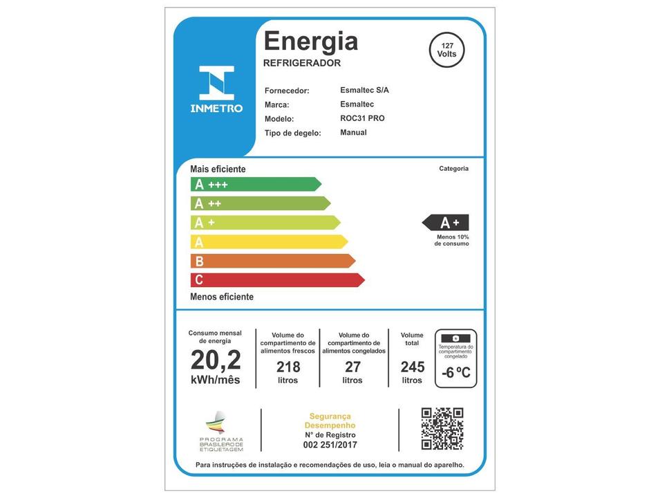 Geladeira/Refrigerador Esmaltec Cycle Defrost 1 Porta Branco 293L ROC31 PRO - 6