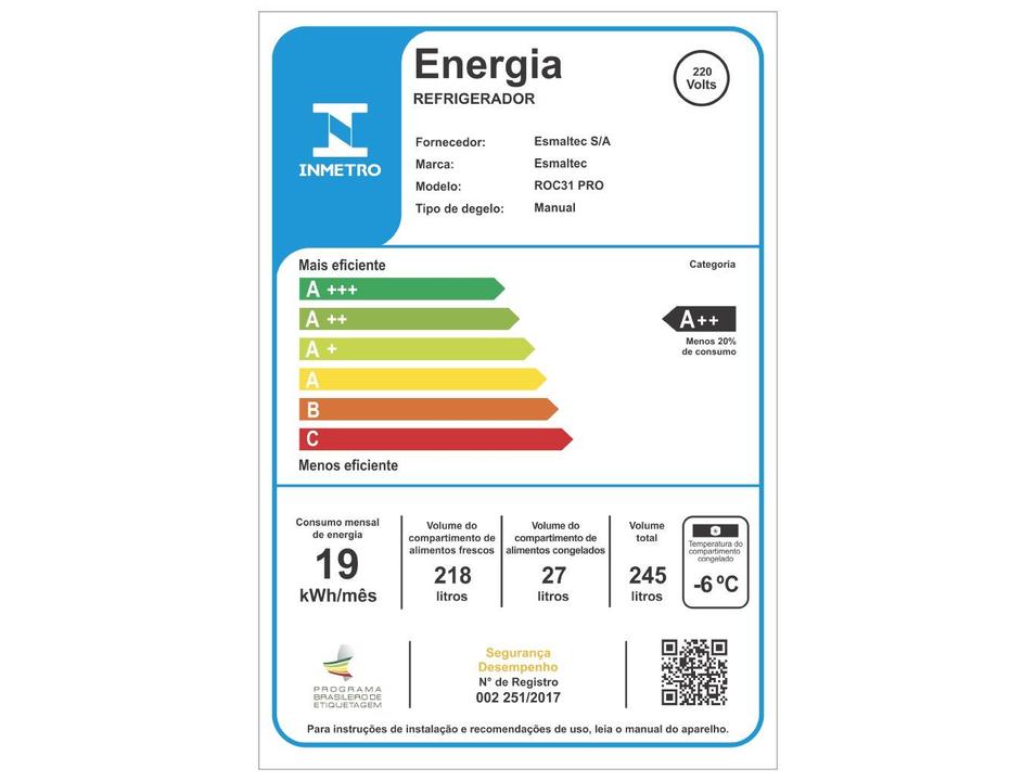 Geladeira/Refrigerador Esmaltec Cycle Defrost 1 Porta Branco 293L ROC31 PRO - 6