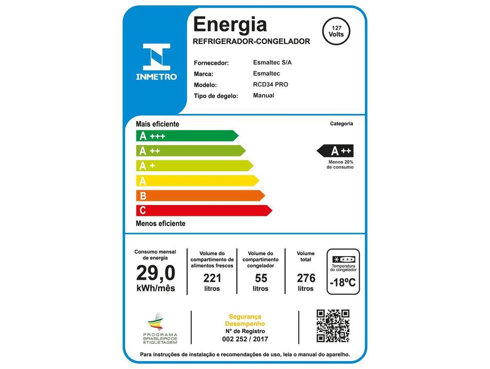 Geladeira/Refrigerador Esmaltec Cycle Defrost Duplex Branco 277L RCD34 PRO - 6