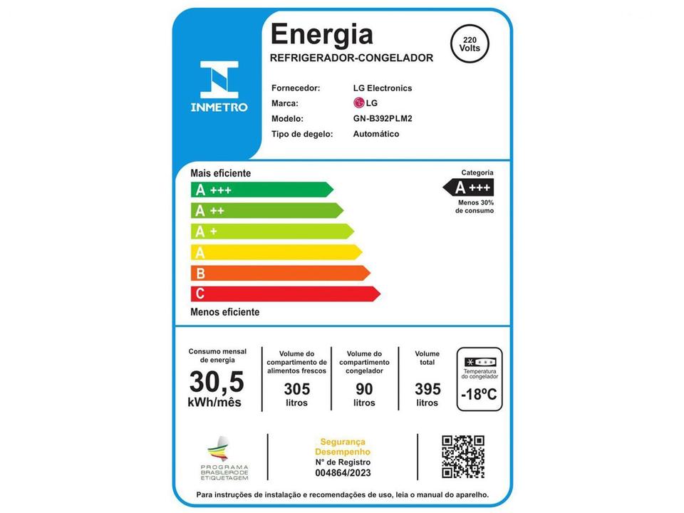 Geladeira/Refrigerador LG Frost Free 395L Duplex GN-B392PLM2 Compressor Inverter - 26
