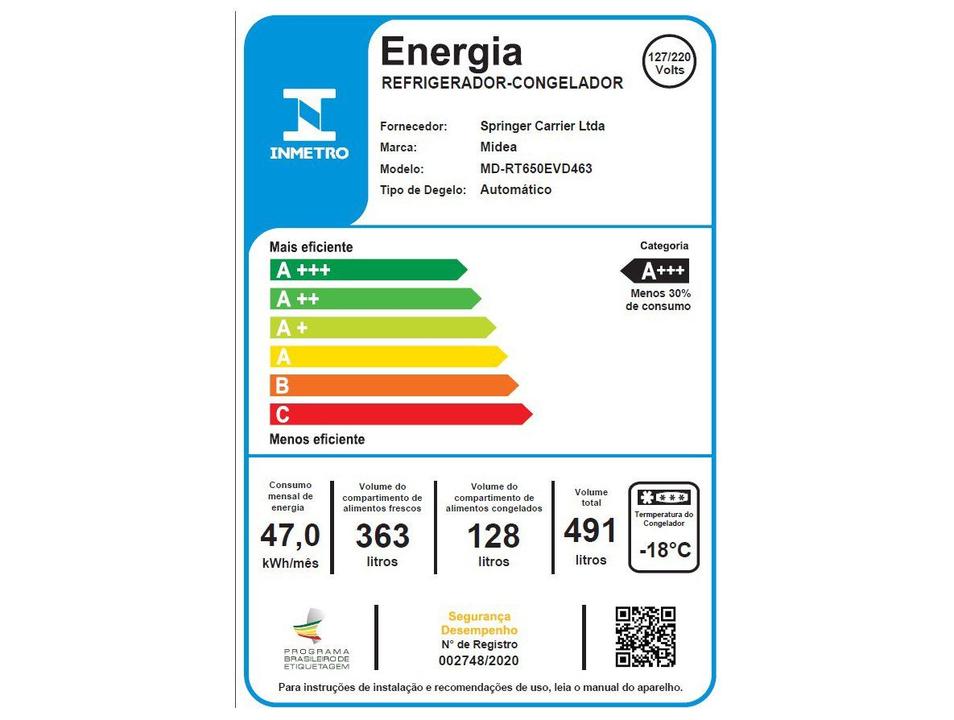 Geladeira/Refrigerador Midea Smart Frost Free Duplex Cor Inox 491L MD-RT650EVD463 Bivolt - 14