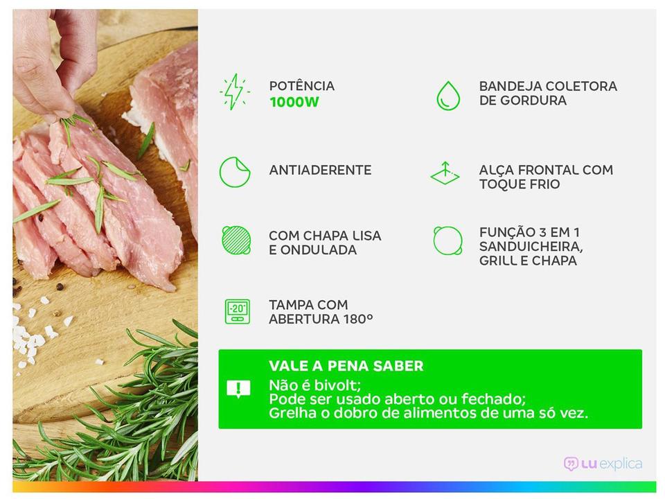 Grill Mondial PG-01-180 Master Press Duo 3 em 1 Retangular com Chapa 1000W - 1