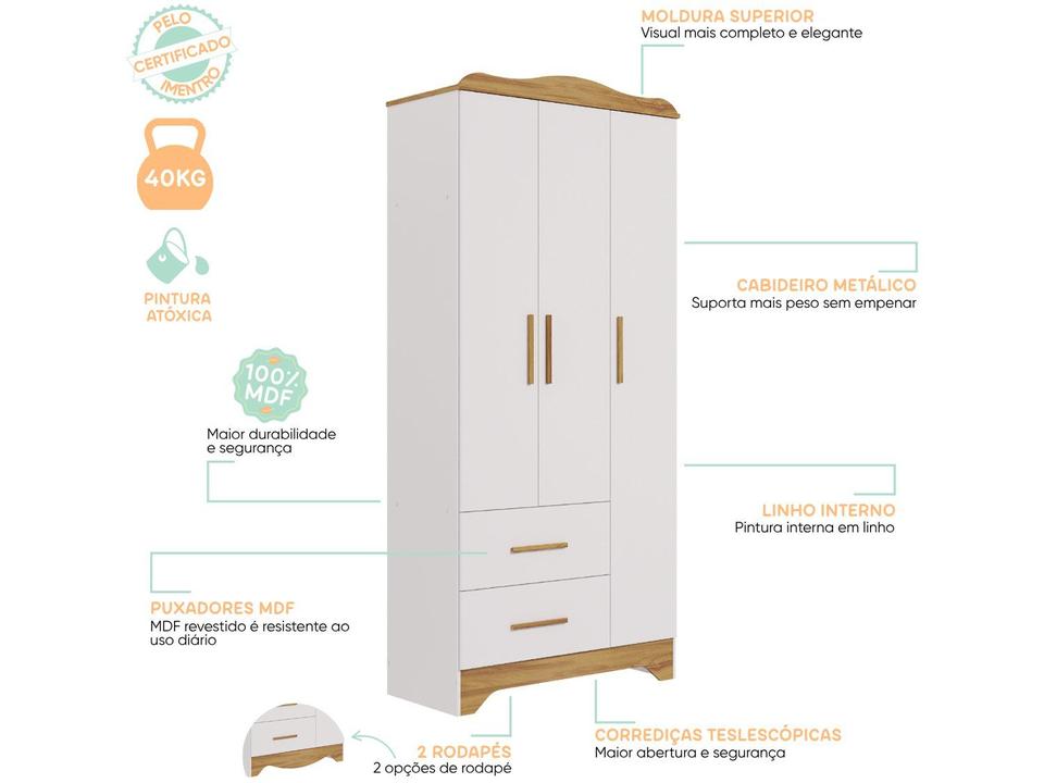 Guarda-roupa 2 Gavetas 3 Portas Moveis Peroba Harmonia - 5