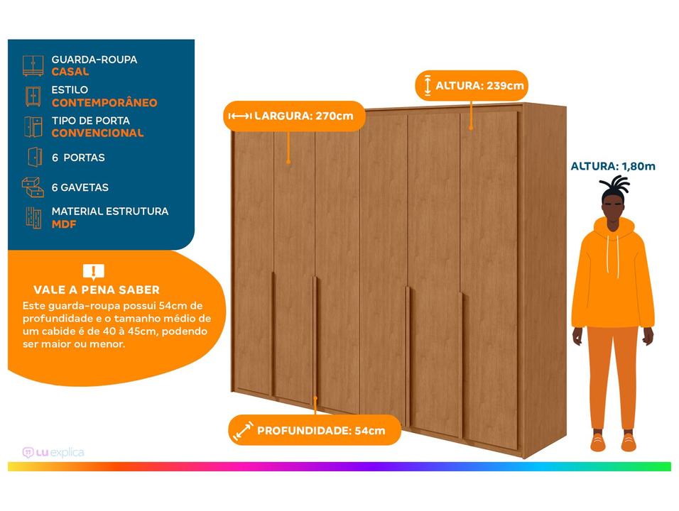 Guarda-roupa 6 Gavetas 6 Portas Móveis Lopas Casal Loop - 1
