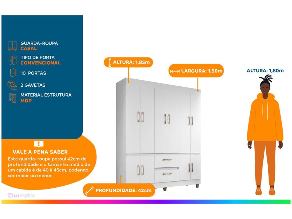 Guarda-roupa Casal 10 Portas 2 Gavetas Araplac - Coimbra - Branco - 1