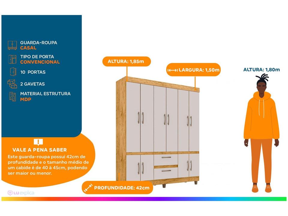 Guarda-roupa Casal 10 Portas 2 Gavetas Araplac Coimbra - 1