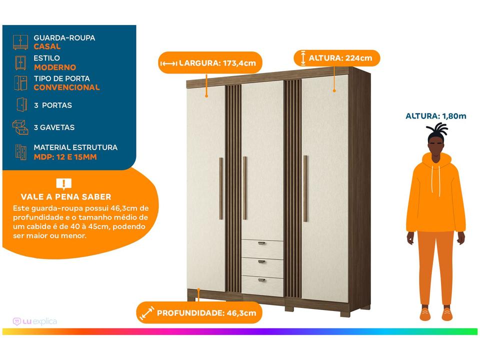 Guarda-roupa Casal 3 Portas 3 Gavetas Santos Andirá Aurora 3.3 - 1
