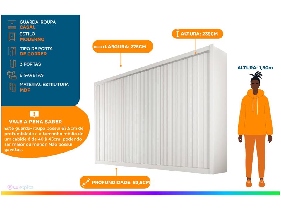 Guarda-roupa Casal 3 Portas de Correr 6 Gavetas Móveis Europa Ripado York - 1