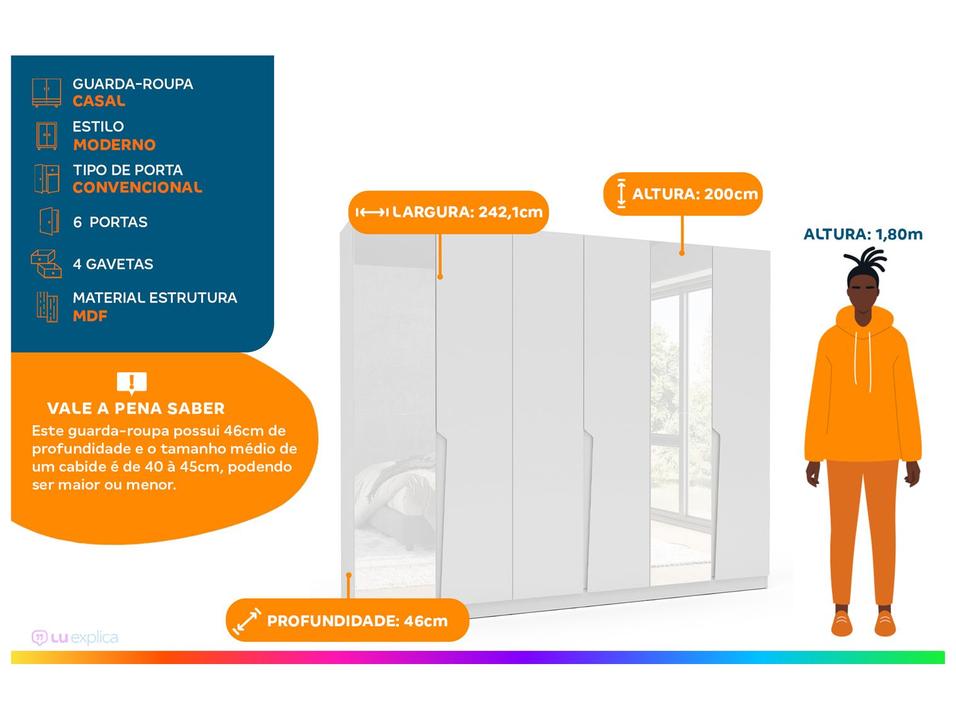 Guarda-roupa Casal 4 Gavetas 6 Portas 2 Espelhos Politorno Porto - 1