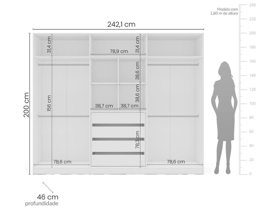 Guarda-roupa Casal 4 Gavetas 6 Portas 2 Espelhos Politorno Porto - 3