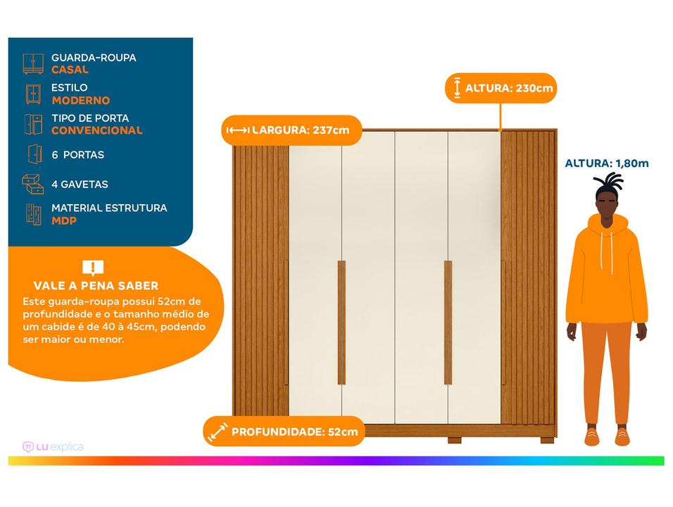Guarda-roupa Casal 4 Gavetas 6 Portas Móveis Albatroz Deville - 1