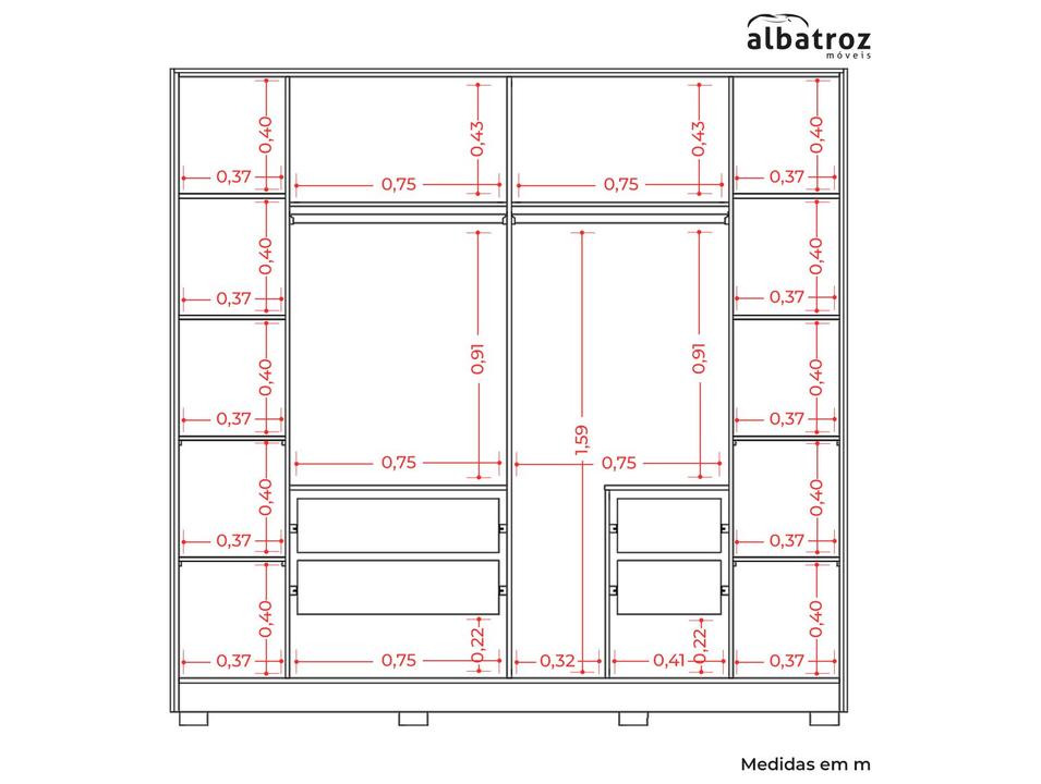 Guarda-roupa Casal 4 Gavetas 6 Portas Móveis Albatroz Deville - 3