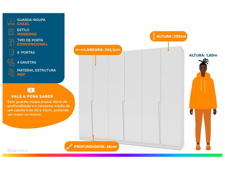Guarda-roupa Casal 4 Gavetas 6 Portas Politorno Porto - 1