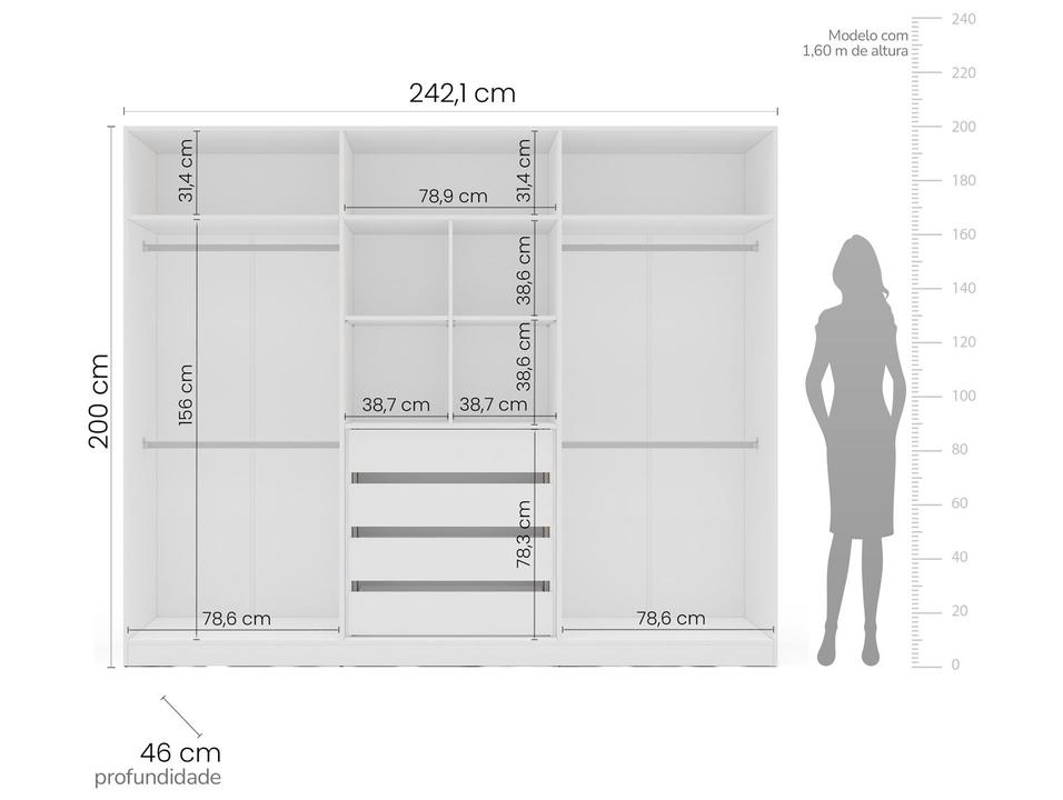 Guarda-roupa Casal 4 Gavetas 6 Portas Politorno Porto - 3