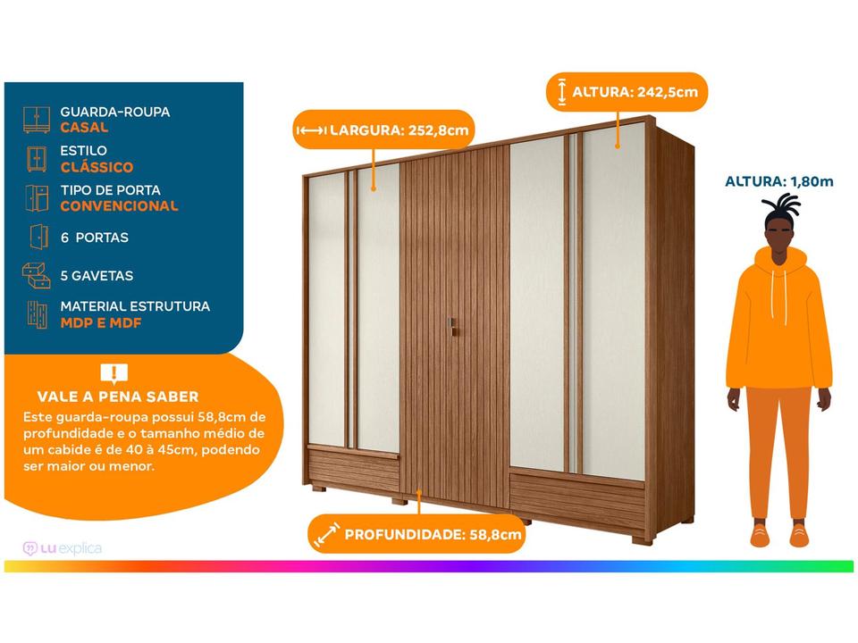 Guarda-roupa Casal 5 Gavetas 6 Portas Santos Andirá Democrata - 1