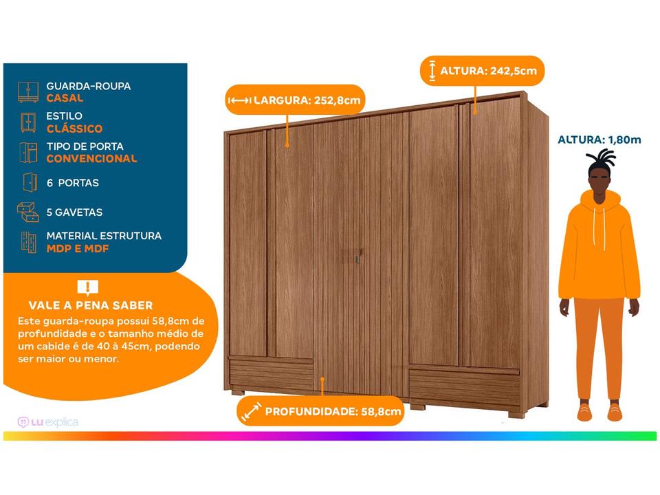 Guarda-roupa Casal 5 Gavetas 6 Portas Santos Andirá Democrata - 1
