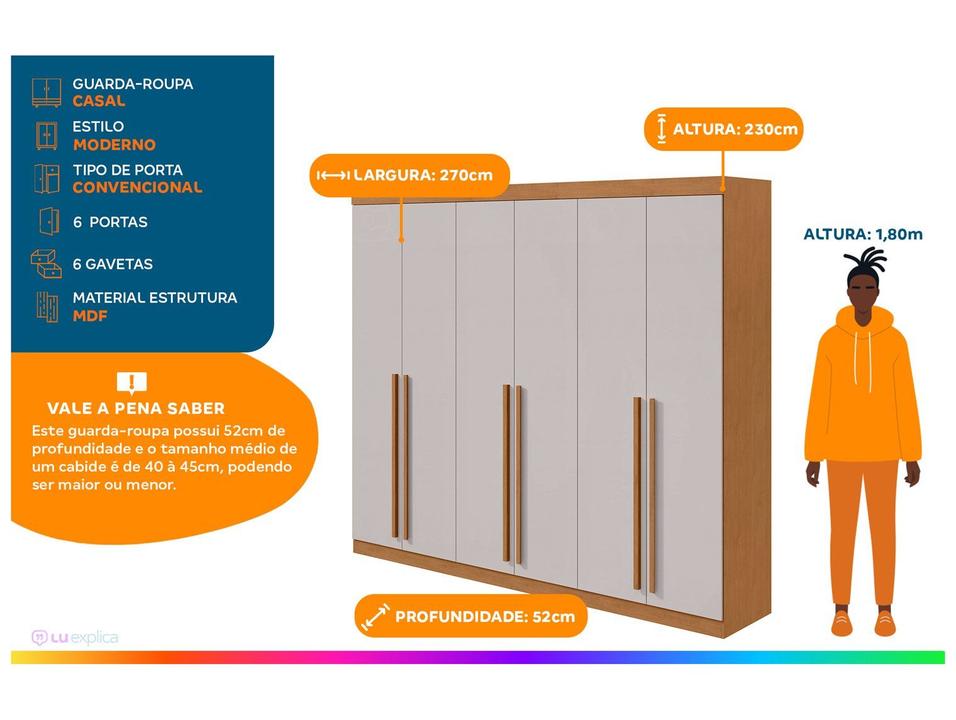 Guarda-roupa Casal 6 Gavetas 6 Portas Móveis Lopas Bertha - 1
