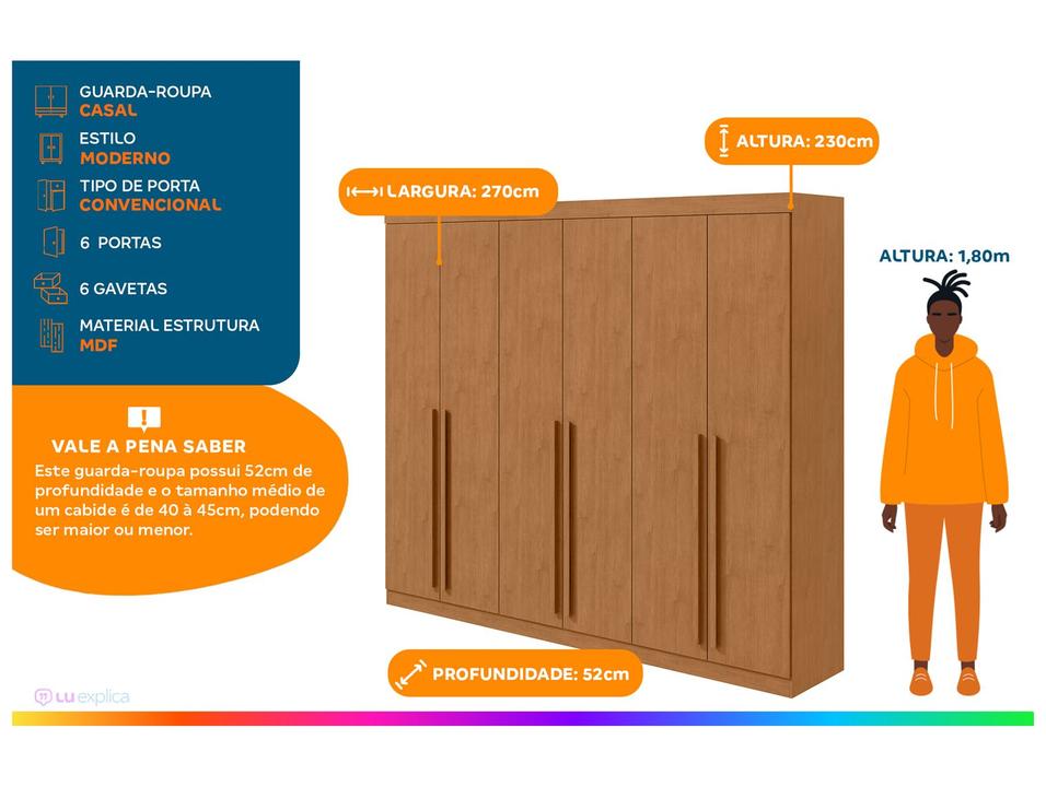 Guarda-roupa Casal 6 Gavetas 6 Portas Móveis Lopas Bertha - 1