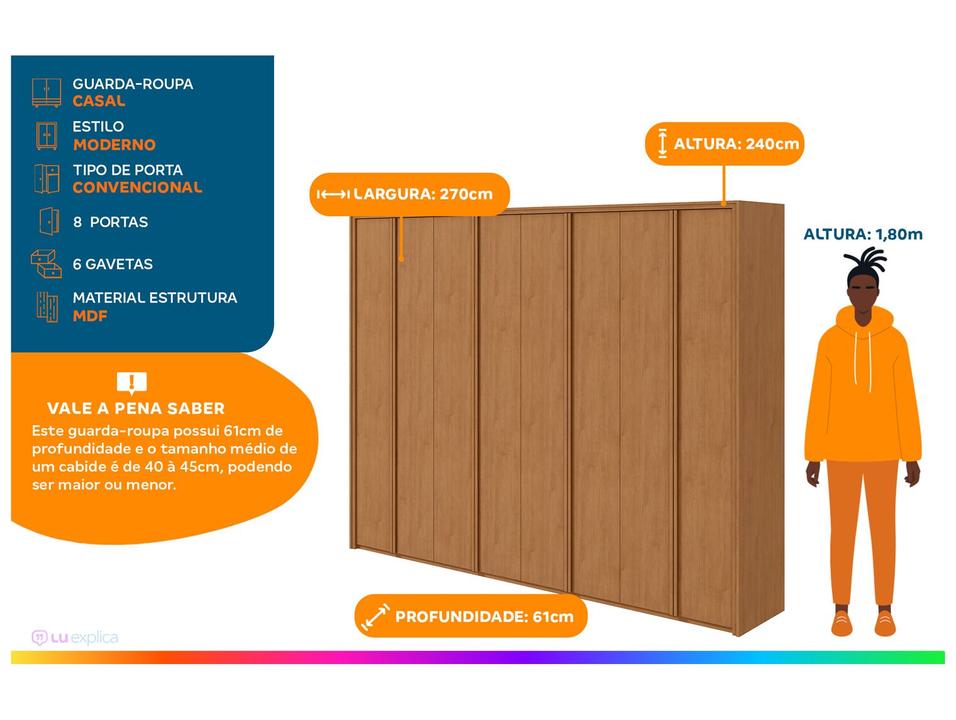 Guarda-roupa Casal 6 Gavetas 8 Portas Móveis Lopas Ergon - 1