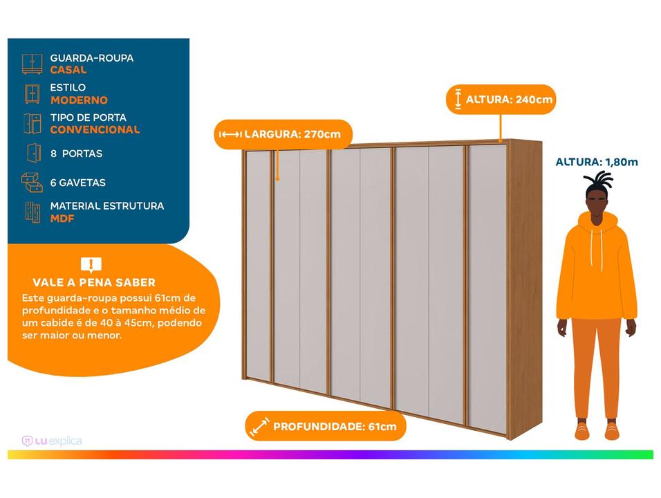 Guarda-roupa Casal 6 Gavetas 8 Portas Móveis Lopas Ergon - 1