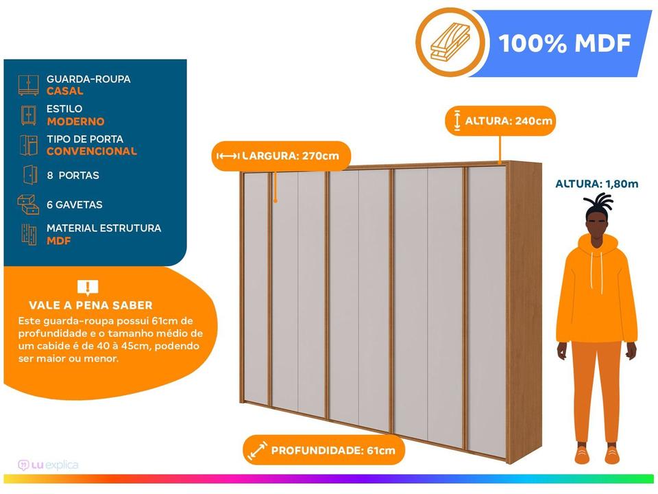 Guarda-roupa Casal 6 Gavetas 8 Portas Móveis Lopas Ergon - 1