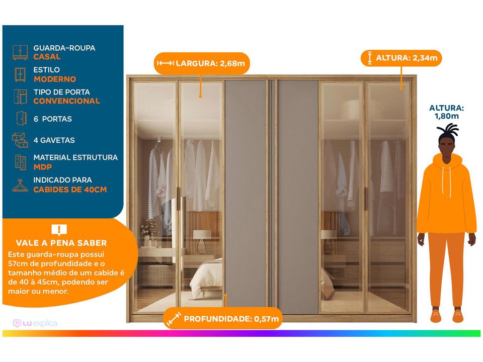 Guarda-roupa Casal 6 Portas 6 Gavetas Caemmun Cristal - 1