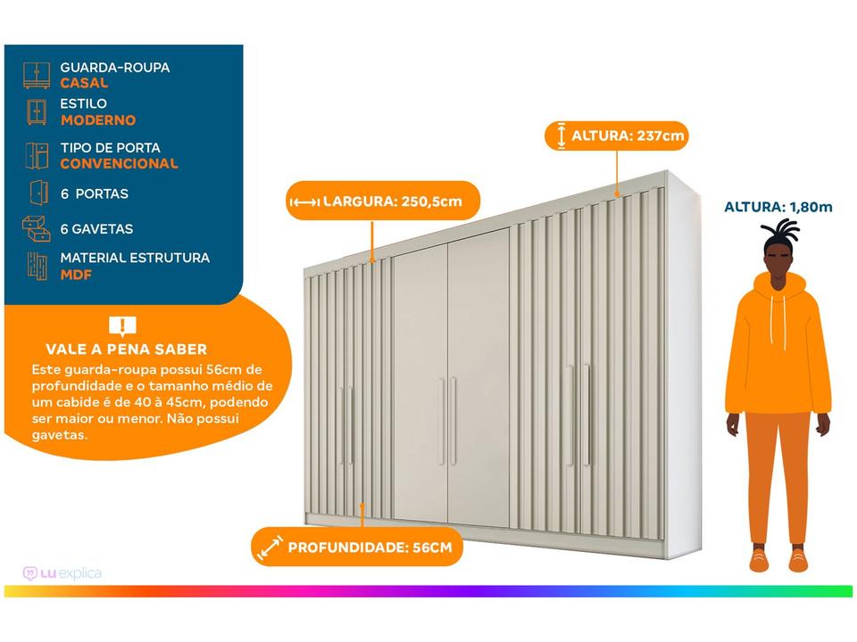 Guarda-roupa Casal 6 Portas 6 Gavetas Móveis Europa Ripado Potente - 1