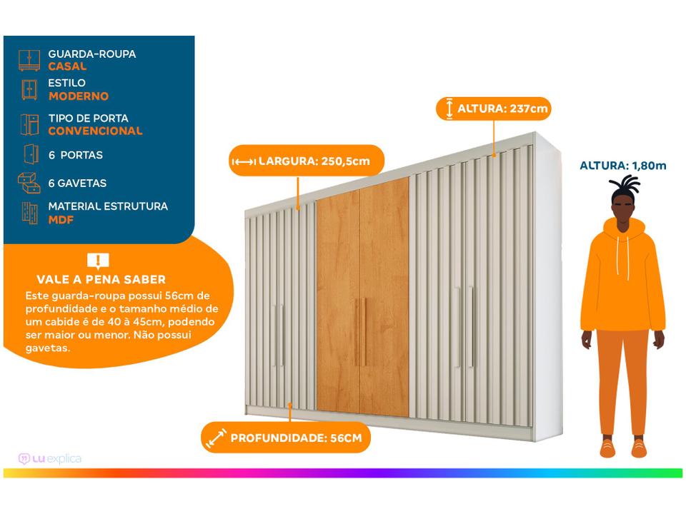 Guarda-roupa Casal 6 Portas 6 Gavetas Móveis Europa Ripado Potente - 1
