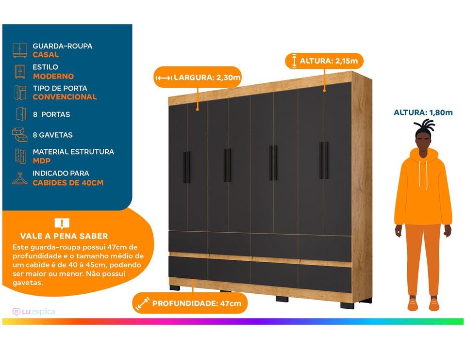 Guarda-roupa Casal 8 Portas 8 Gavetas Araplac B24088 - 1