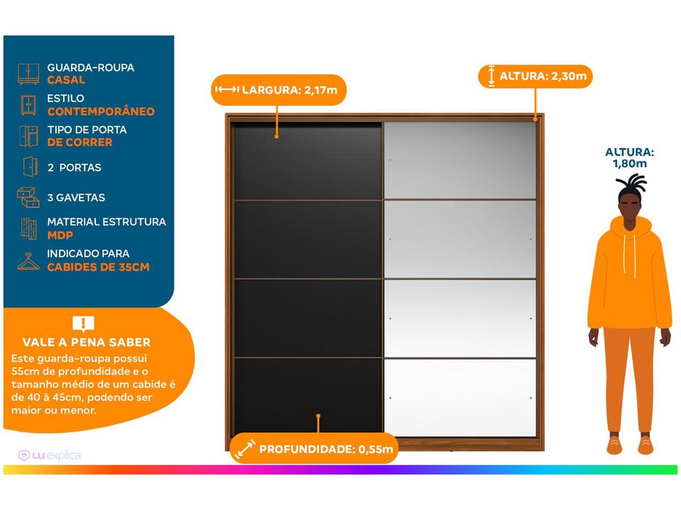 Guarda-roupa Casal com Espelho 2 Portas de Correr 3 Gavetas Demóbile Belga - 2