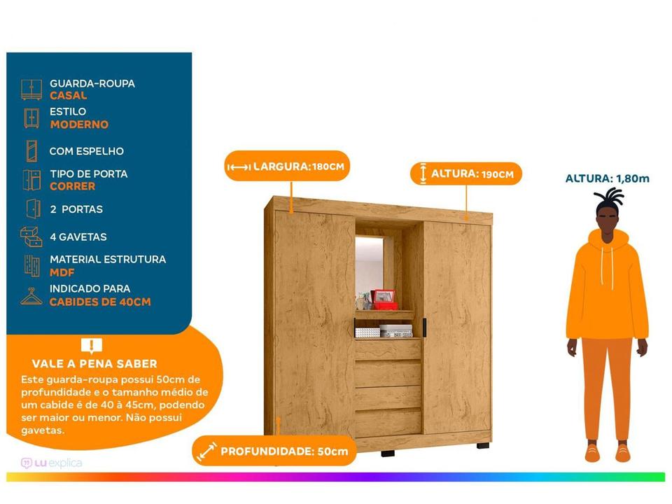 Guarda-roupa Casal com Espelho 2 Portas de Correr 4 Gavetas Araplac Sintra CAP24024 - 2